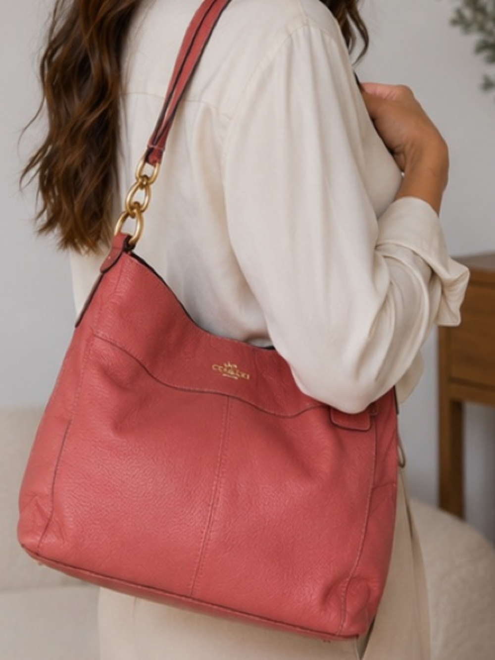 Coach Coral Pink Pebbled Leather Shoulder Bag Tote Gold Hardware